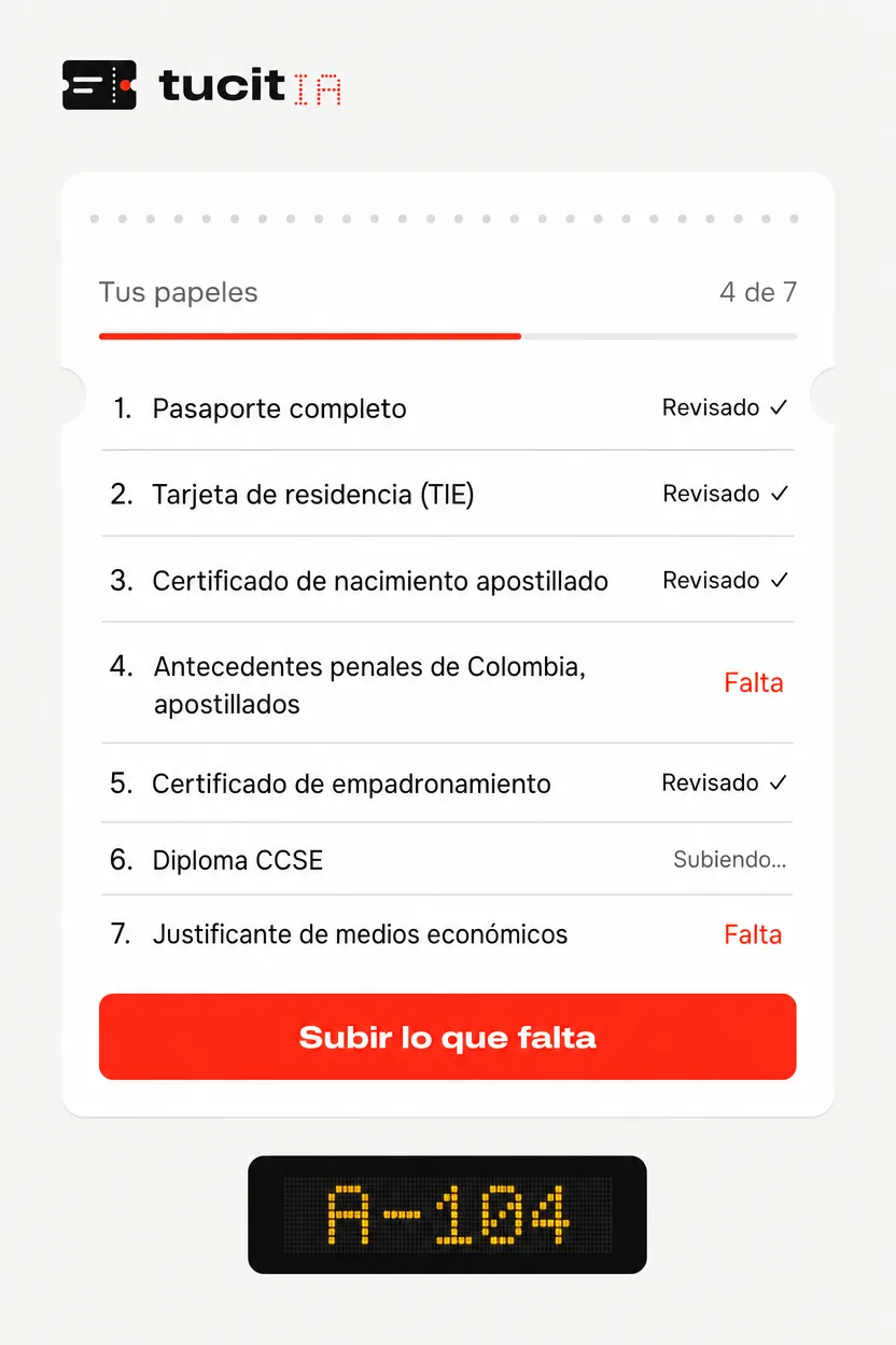 Pantalla de la lista de papeles: cuatro revisados, uno subiendo y dos que faltan.