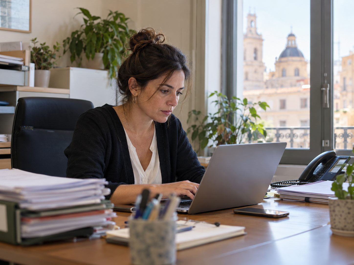 Una gestora trabaja con el portátil en su despacho, con carpetas de clientes apiladas en la mesa.